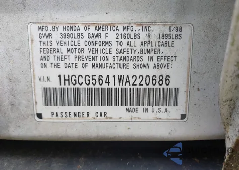 1998 Honda Accord Lx z USA, uszkodzony, nr VIN 1HGCG5641WA220686